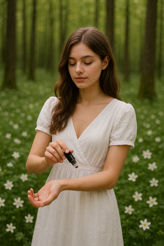 girl rolling a natural botanical roll-on on her arm