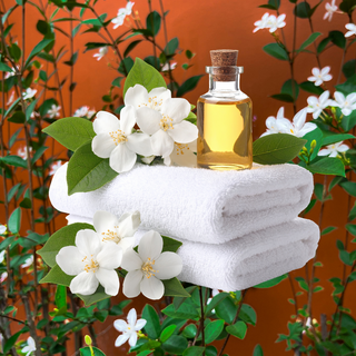 Jasmine flowers and Jasmine essential oil on top of a pillow