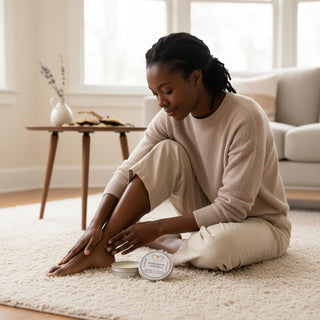 Woman rubbing foot balm onto her feet