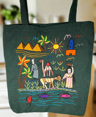 Dark Green Tote Bag with Fish in the Nile River