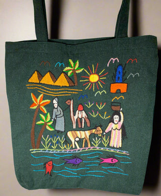 Dark Green Tote Bag with Fish in the Nile River