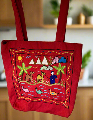 Red Tote Bag with Ducks in the Nile River