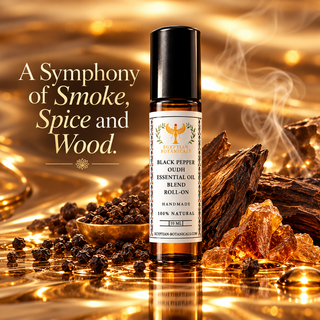 A 10 ml roll-on bottle of Botanical Botanicals Black Pepper Oudh Essential Oil Blend, styled with spices, wood, and amber liquid on a reflective gold surface with text overlay.