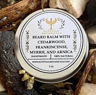 Beard balm container with label on a natural background