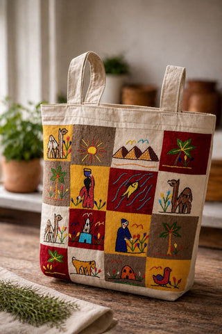 Tote bag with embroidered designs on a wooden surface