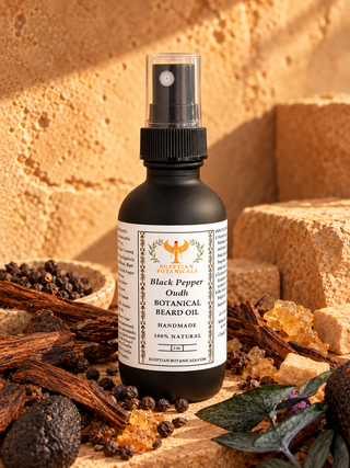 A bottle of Egyptian Botanicals Black Pepper Oud Botanical Beard Oil stands centered on a rustic stone surface surrounded by spices, herbs, and crystals. The bottle is dark amber glass with a black spray top and a white label featuring an orange bird logo.