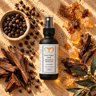 A bottle of Black Pepper  Botanical Beard Oil by Egyptian Botanical is centered on a textured sandy background, surrounded by whole black peppercorns in a small bowl, amber resin pieces, wood bark, and green leaves. The bottle is dark amber glass with a white label and a clear spray top.