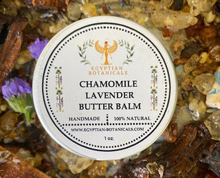 Chamomile Lavender Butter Balm container with Egyptian Botanicals branding on a natural background.