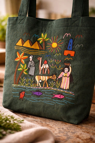 Green tote bag with colorful embroidered design on a wooden surface
