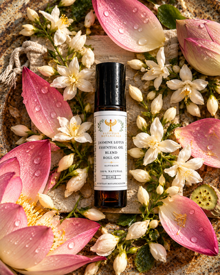 A natural botanical perfume roll on
Jasmine Lotus Natural Botanical Perfume by Egyptian Botanicals styled in a flat-lay with pink lotus petals and small white flowers on a textured stone background.
