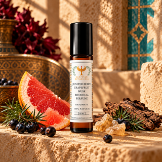 A 10 ml roll-on bottle of Egyptian Botanicals Juniper Berry Grapefruit Musk Botanical Perfume, styled in a flat-lay on a sandy surface with grapefruit slices, blueberries, rosemary, and bark.