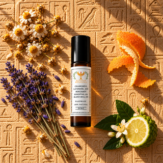 A 10 mL amber glass essential oil roll-on bottle with a black cap and a white label reading 'Egyptian Botanicals' and 'Chamomile, Lavender, and Bergamot Essential Oil Blend Roll-On.' The bottle is styled on a stone surface with chamomile flowers,  bergamot lavender buds, green leaves, and a sliced lime, against a warm beige background.