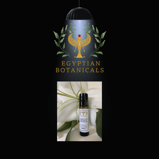 Egyptian Botanicals product with a smaller inset image of a bottle against a white flower background.
