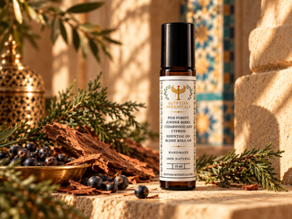 Egyptian Botanicals Pine Forest roll-on essential oil bottle displayed on a stone surface with pine, juniper berries and evergreen branches in a warm, rustic setting.