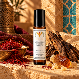 A 10 ml bottle of Egyptian Botanicals' Saffron-Oodh Botanical Perfume with a black cap and white label, styled on a textured beige stone surface with saffron threads, amber crystals, and dried roots.