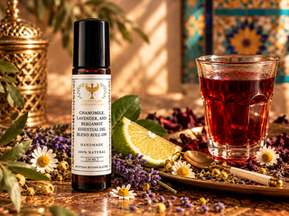 A 10 mL amber glass essential oil roll-on bottle with a black cap and a white label reading 'Egyptian Botanicals' and 'Chamomile, Lavender, and Bergamot Essential Oil Blend Roll-On.' The bottle is styled on a stone surface with chamomile flowers,  bergamot lavender buds, green leaves, and a sliced lime, against a warm beige background and a glass of tea