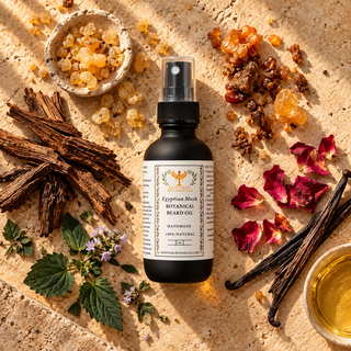 A bottle of Egyptian Musk Botanical Beard Oil by Egyptian Botanicals is displayed in a styled flat-lay arrangement on a sandy surface, surrounded by natural ingredients including vanilla pods, rose petals, juniper berries, and fresh herbs.