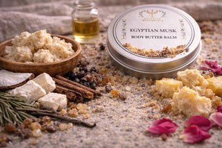 Egyptian Musk body butter balm with ingredients on a textured surface