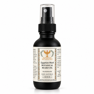 A 20ml black spray bottle of Egyptian Botanicals Egyptian Musk Botanical Beard Oil with a cream-colored label and black spray nozzle, set against a plain white background.