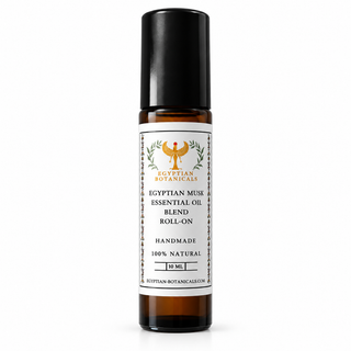 A 30 ml amber glass roll-on bottle of Egyptian Musk Essential Oil Blend with a black cap and a white label featuring a gold eagle logo, on a white background.