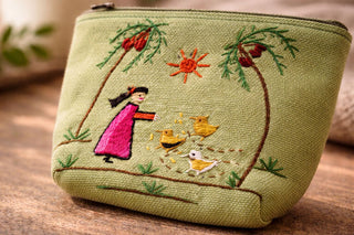 Egyptian hand-embroidered pouch Lime Green Young Girl Feeding Baby Chicks on