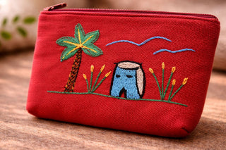 Egyptian hand-embroidered pouch Red Mudbrick Hut and a Palm Tree Pouch