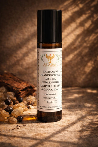 Bottle of Egyptian Botanics essential oil blend with natural ingredients on a wooden surface