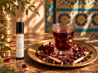 A roll-on of Egyptian Mango and Grapefruit Natural Botanical Perfume stands next to a glass of deep red hibiscus tea on an ornate gold tray scattered with dried hibiscus petals, with a gold spoon and a decorative lantern in the background.