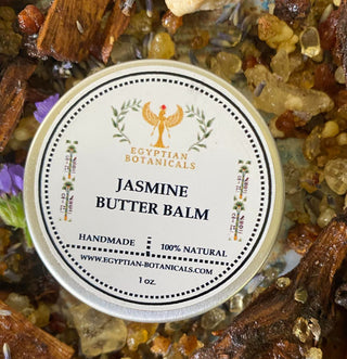 Jasmine Butter Balm container with Egyptian Botanicals branding on a natural product background.