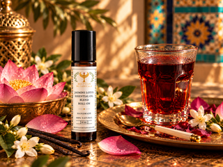 A Jasmine Lotus Roll-on is displayed on a stone surface surrounded by pink lotus flowers, white blossoms, and rose petals, with a golden bowl and a patterned tile wall in the background beside a glass of tea,