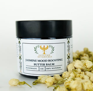 jasmine Mood Boosting Butter Balm with jasmine flowers n the background