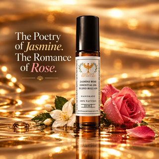 A 10 ml roll-on bottle of Divine Botanicals Jasmine Rose Essential Oil Blend, set against a luxurious golden background with a pink rose, a white jasmine flower, and gold droplets. Text on the left reads 'The Poetry of Jasmine.