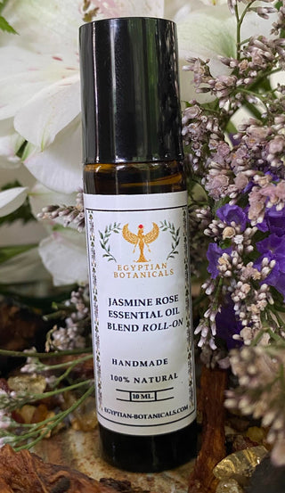 Jasmine Rose natural botanical perfume bottle with flowers in the background