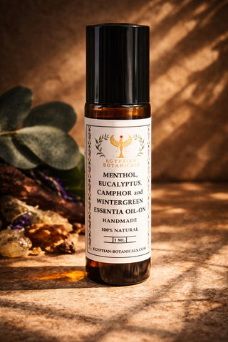 Menthol, Eucalyptus, Camphor and Wintergreen Essential Oil Blend Roll-On Essential oil bottle with a label on a wooden surface