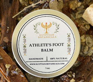 Athlete's Foot Balm container with Egyptian Botanicals branding on a natural product background