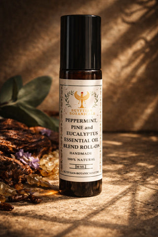 Peppermint, Pine and Eucalyptus Essential Oil Blend Roll-On  bottle with botanical label on a textured surface.
