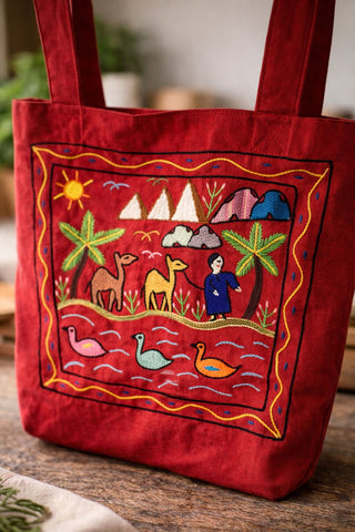 Red tote bag with embroidered design of people and animals on a wooden surface