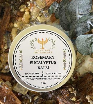 Rosemary Eucalyptus Balm container with Egyptian Botanicals branding on a natural background.