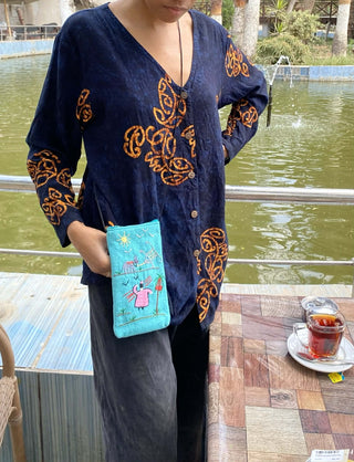 Rural Embroidered Turquoise Cross Bag- Handcrafted by Nile Ladies of Luxor