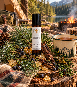 A bottle of handcrafted pine fores essential oil blend resin sits on a rustic log beside a mug of hot tea, evergreen branches, blueberries, and crystals, with a campfire and mountain lake in the background.