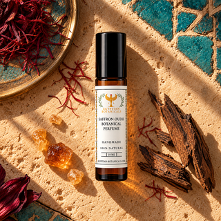 A 10 ml bottle of Egyptian Botanicals' Saffron-Oodh Botanical Perfume with a black cap and white label, styled on a textured beige stone surface with saffron threads, amber crystals, and dried roots.