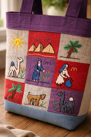 Tote bag with embroidered designs on a wooden surface