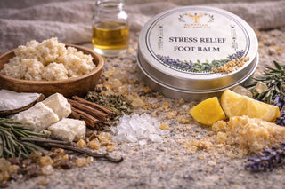 Stress relief foot balm tin surrounded by ingredients on a textured surface