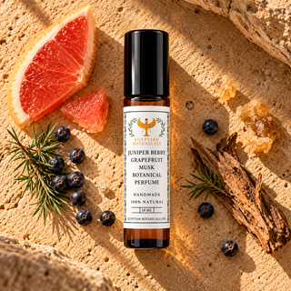 A 10 ml roll-on bottle of Egyptian Botanicals Juniper Berry Grapefruit Musk Botanical Perfume, styled in a flat-lay on a sandy surface with grapefruit slices, blueberries, rosemary, and bark.