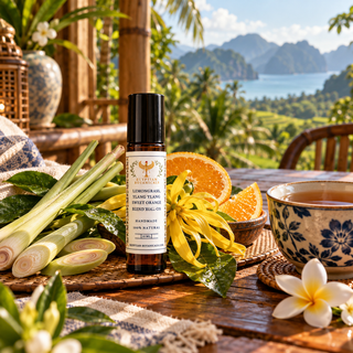 A small amber roller bottle labeled Lemongrass, Ylang Ylang and Sweet Orange Natural Botanical Perfume stands on a wooden table outdoors, surrounded by lemongrass, orange slices, yellow blossoms, and a cup, with a tropical bay and mountains in the background.