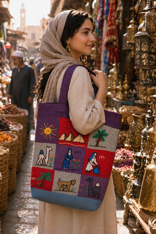 Woman holding a colorful tote bag with illustrations in a market setting