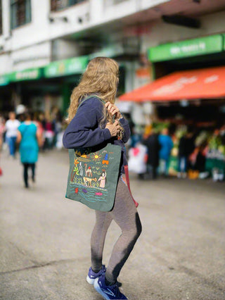 Dark Green Tote Bag with Fish in the Nile River
