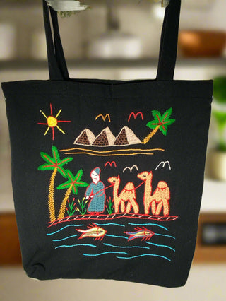 Black Tote Bag With Fish in the Nile River