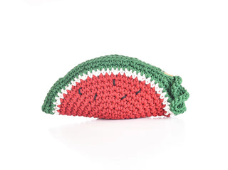 Crocheted watermelon-shaped toy on a white background
