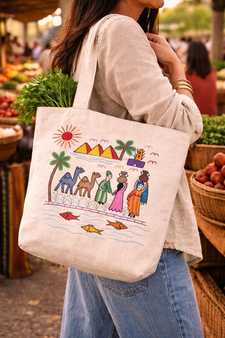 Person holding a tote bag with a colorful design at an outdoor market.